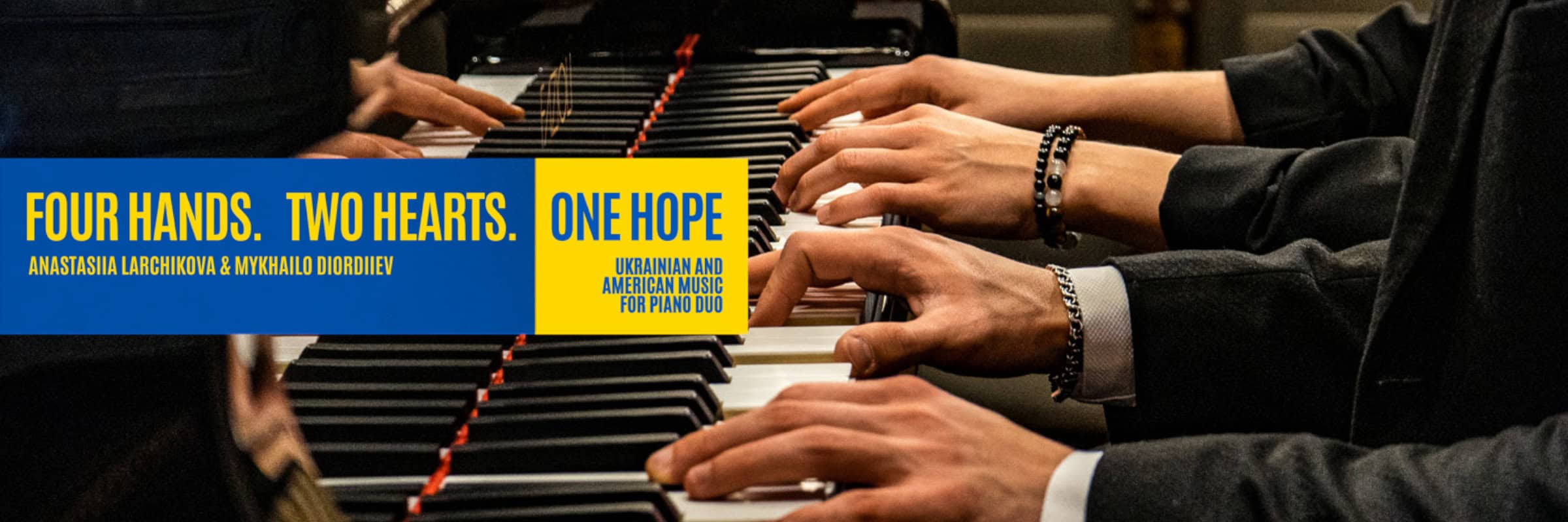 Album tray image of four hands at piano with album title on blue and gold